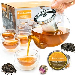 Kitchen Kite Glass Teapot Set with 4 Double Wall Tea Cups & Removable 