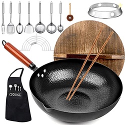 kaqinu 14 Piece Carbon Steel Wok Pan, Woks & Stir-Fry Pans Set with Wo
