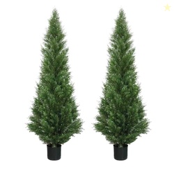 Two 5 Foot Outdoor Artificial Cedar Topiary Trees Potted Plants Two Pe