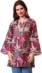 Tissu Women's Cotton Slub Purple Floral Printed Lace Work Tunic Kurti