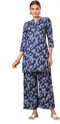 Tissu Women's Pure Cotton Leaf Printed Kurti with Palazzo Co-Ord Set