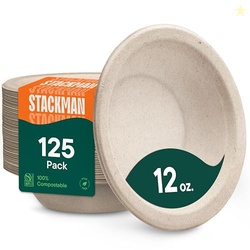Stack Man Paper Bowls, 100% Compostable Disposable Soup Bowl [125-Pack