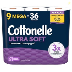 Cottonelle Ultra Soft Toilet Paper, 9 Mega Rolls = 36 Regular Rolls, P