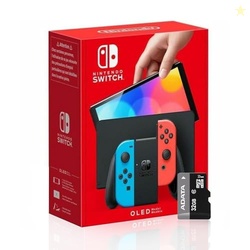 Nintendo Switch (OLED model) with Neon Blue and Neon Red Joy-Con and E