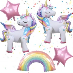 DUILE 5 Pcs Self Standing Unicorn Balloons - 3D Rainbow and Star Foil 