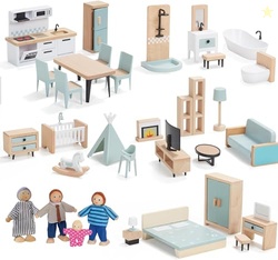 Giant bean 36pcs Wooden Dollhouse Furniture Set 5 Rooms 4 Family Dolls