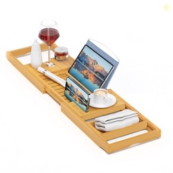 Sen Yi Bao Luxury Bamboo Bathtub Tray - Wooden Expandable Caddy with B