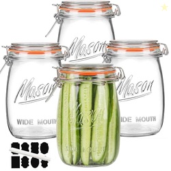 Anwoi Wide Mouth Glass Jars with Airtight Lid 32OZ 4 Pack, Kitchen Sto
