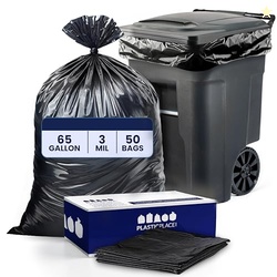 Plasticplace 65 Gallon Trash Bags  3.0 Mil  Black Heavy Duty Garbage C
