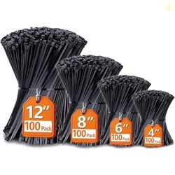 Zip Ties Assorted Sizes(4+6+8+12), 400 Pack, Black Cable Ties, UV Resi