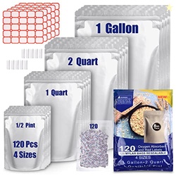 120 Mylar Bags for Food Storage with Oxygen Absorbers 300cc, 8 Mil 1Ga