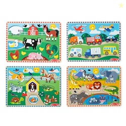 Melissa & Doug Wooden Peg Puzzle Set  4-Pack Vehicle, Farm, Safari & P