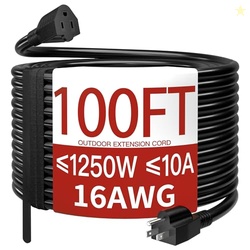 16AWG 10A 1250W 125V 100 Ft Outdoor Extension Cord Waterproof, Weather