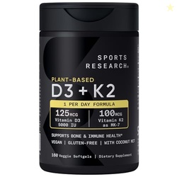Sports Research Vitamin D3 K2 with 5000iu of Plant-Based D3 & 100mcg o