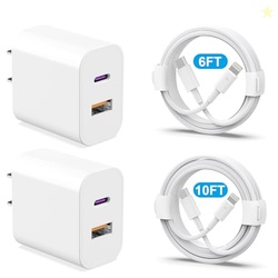 20W Dual Port Fast Charger Block 2-Pack with 6FT & 10FT MFi-Certified 