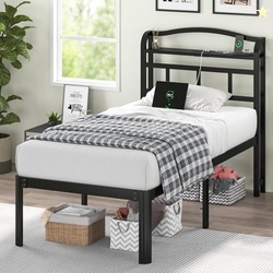 QEROMY Twin Size Bed Frame - Storage Headboard with Charging Station, 