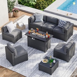 Aoxun 8 Piece Patio Furniture Set with 44" Fire Pit Table Wicker Ratta