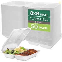 Freshware Clamshell Food Containers with Lids [8x8"] 3-Compartment 50-