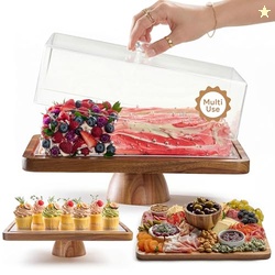 HOMESPHERE Acacia Wood Cake Stand with Lid - Rectangular Cake Holder, 