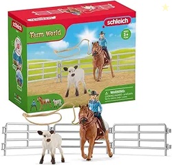 schleich Farm World - 9PC Cowgirl Roping Fun Playset with Rider Calf, 