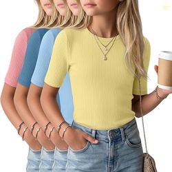 4 Pack Summer Shirts Girls Short Sleeve Ribbed Slim Fit Tops Kids Crew