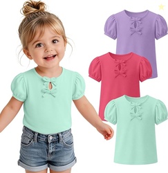 3 Pack Toddler Girl Shirts Puff Short Sleeve Crew Neck Tops Baby Cute 