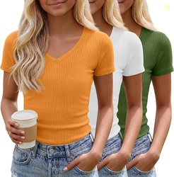 3 Pack Girls Short Sleeve Shirts Kids Summer Ribbed T-Shirts Tween V N