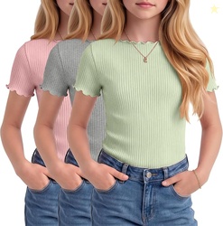 3 Pack Girls' Short Sleeve Tops Ribbed Knit Cotton Lettuce Trim T Shir