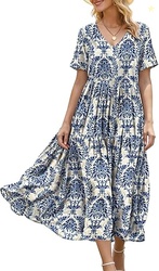 YESNO Women's Summer Maxi Dresses Casual Floral Short Sleeve V Neck Bo
