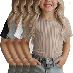 4 Pack Toddler Girls Short Sleeve Shirts Cotton Ribbed Knit Crew Neck 