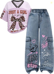 Girls 2 Piece Clothes Set V Neck Graphic Tee and Wide Leg Jeans Casual