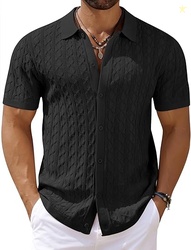 COOFANDY Men's Knit Short Sleeve Shirts Button Down Vintage Knitted Po