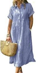 chouyatou Women's Summer Striped Midi Long Shirt Dress Casual Loose Sh