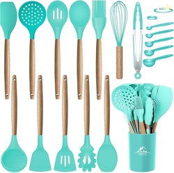 MIBOTE Silicone Cooking Kitchen Utensils Set Wooden Handle, Teal | BPA