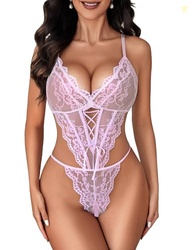 Avidlove Sexy Lingerie Bodysuits for Women Pink Lace One Piece Teddy P