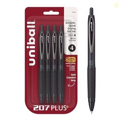 uniball 207 Plus+ Gel Pens, Black Ink, 0.5mm Micro Point, 4 Count