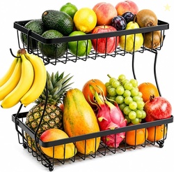 2-Tier Fruit Basket for Kitchen Counter with 2 Banana Hangers | Large 