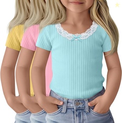 3 Pack Toddler Girl Cotton T-Shirts | Baby Little Girls, Ribbed Tops, 