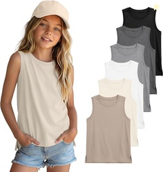 6 Pack Girls Tank Tops | Sleeveless Loose Fit, Side Slits, Crew Neck, 