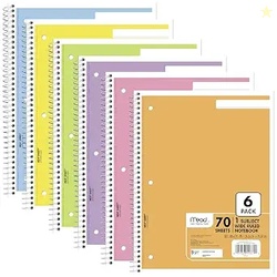 Mead Spiral Notebook 6 Pack, 1 Subject, Wide Ruled Paper, 7-1/2 x 10-1