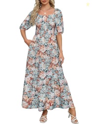 Lyrur Women's Summer Casual Sundress with Pockets Puff Sleeve Square N