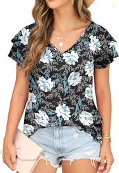 FREEOAK Womens Floral Tops Ruffle Sleeve Shirts for Women V Neck Loose