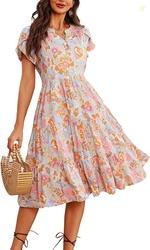 Womens Summer Dresses Casual Petal Sleeve Floral Patchwork Knee Length