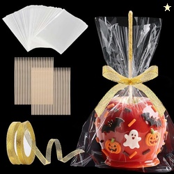 48-Pack Halloween Candy Apple Kit with Sticks, Bags, Glitter Golden Ri