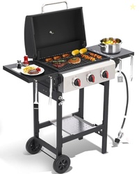 GRILL DEPOTS Propane Gas Grill with Folding Side Tables, 3-Burner Gas 