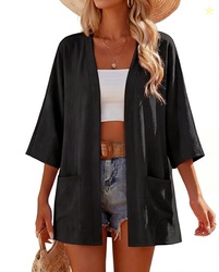 Lepunuo Black Summer Cardigan for Women Lightweight Open Front 3/4 Sle
