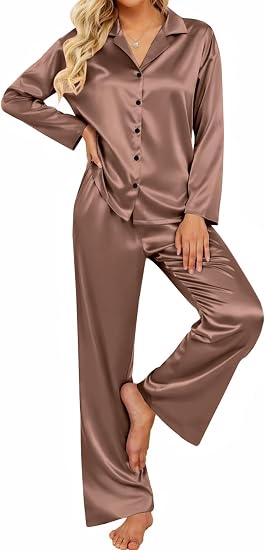 Ekouaer Women's Satin Silk Pajamas Long Sleeve Button Up Pjs Lounge Se