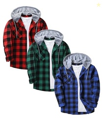 ZITY 3 Pack Men's Flannel Hoodie Shirts Long Sleeve Button Down Plaid 