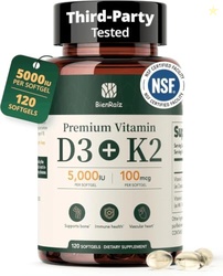 BienRaz Vitamin D3 K2 5000IU, All-Trans MK-7 100mcg, 120 Softgels