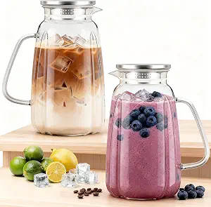 2 Pack Glass Pitcher with Lid and Handle for Fridge Iced Tea and Coffe